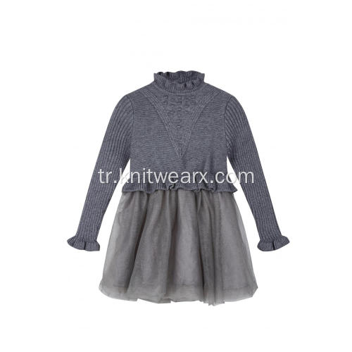 Kız Çocuk Örme Fırfırlı Yaka Gümüş Krep Kışlık Elbise